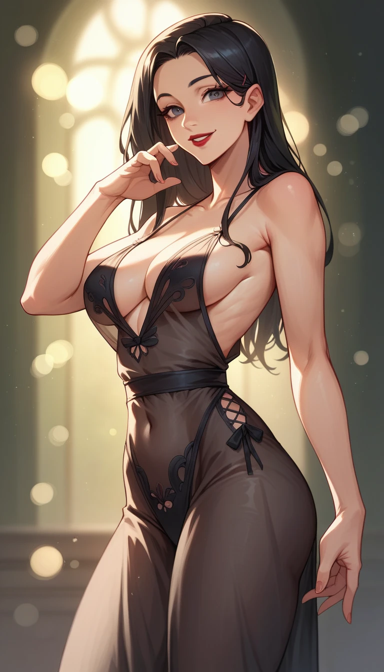 beautiful woman, 4k, perfect body, big boob, complex strings lingerie, black silk , red lipstick, black hair, slight smile, bokeh, photography, sensual pose