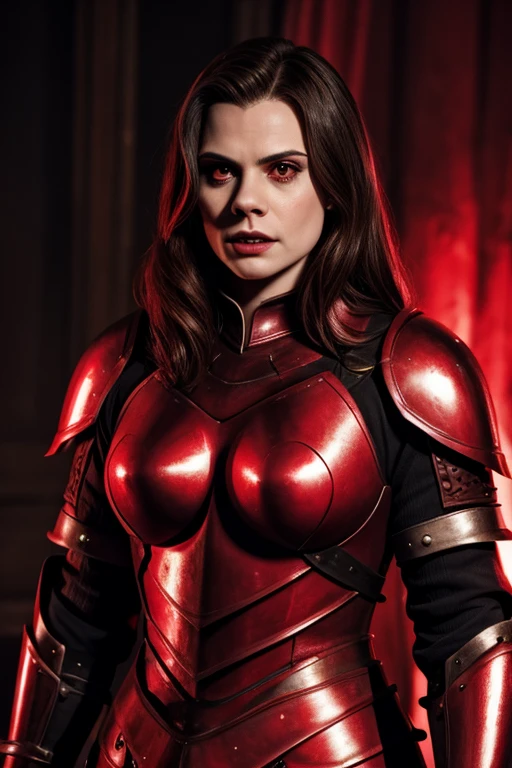 vampire hayley atwell with her red glowing eyes in a full palte of knight armor