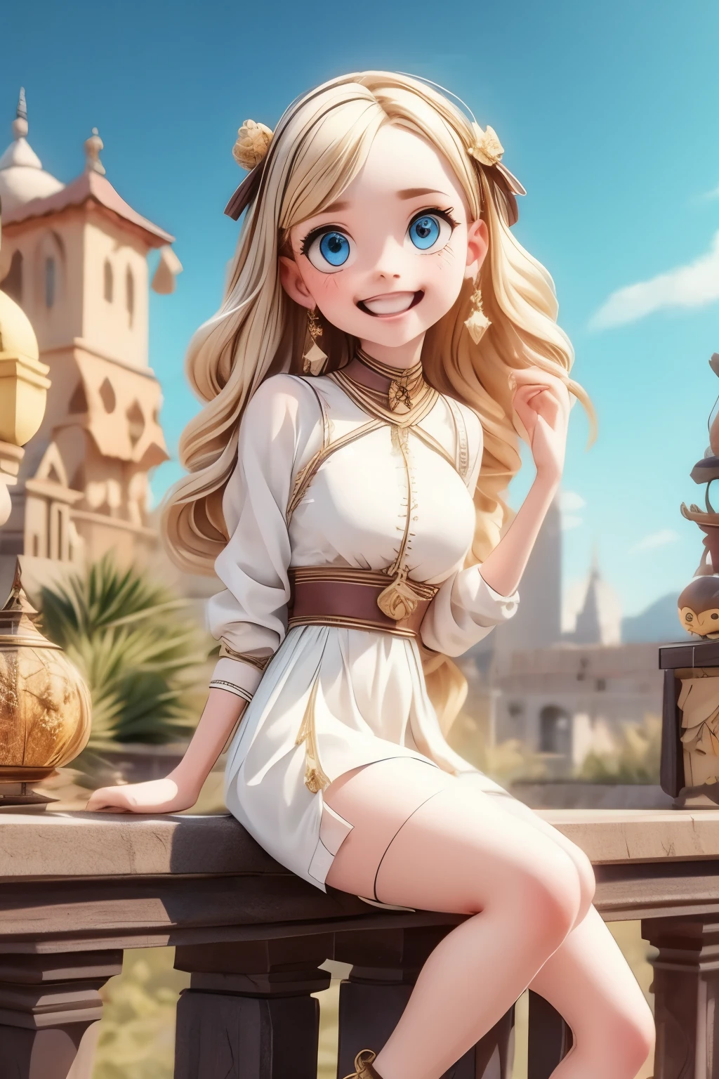 village realisticlying、Virginia Otis ****************、City of victorian age, Europe. aristocrat girl、Looking up from below、Depiction of blonde hair blue eyes wear long sleeve sheer fabric dress、Various sexy poses、Face smile、Depicts the whole body、