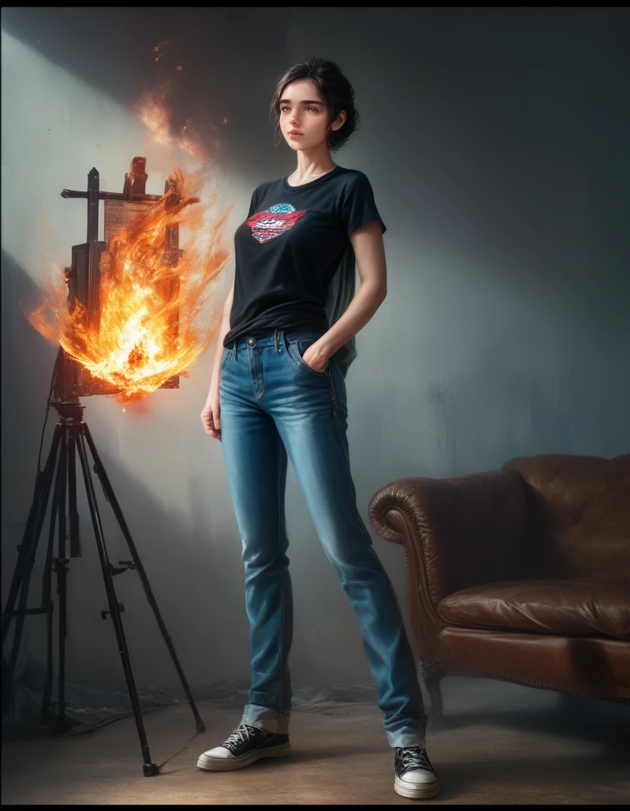 a sloppy mulatto girl with a ponytail black hair, fire, black t-shirt, flames, elegant, digital painting, concept art, sharp focus, illustration, (full body photo), (best quality,4k,8k,highres,masterpiece:1.2),ultra-detailed,(realistic,photorealistic,photo-realistic:1.37), vibrant colors, dramatic lighting, cinematic composition