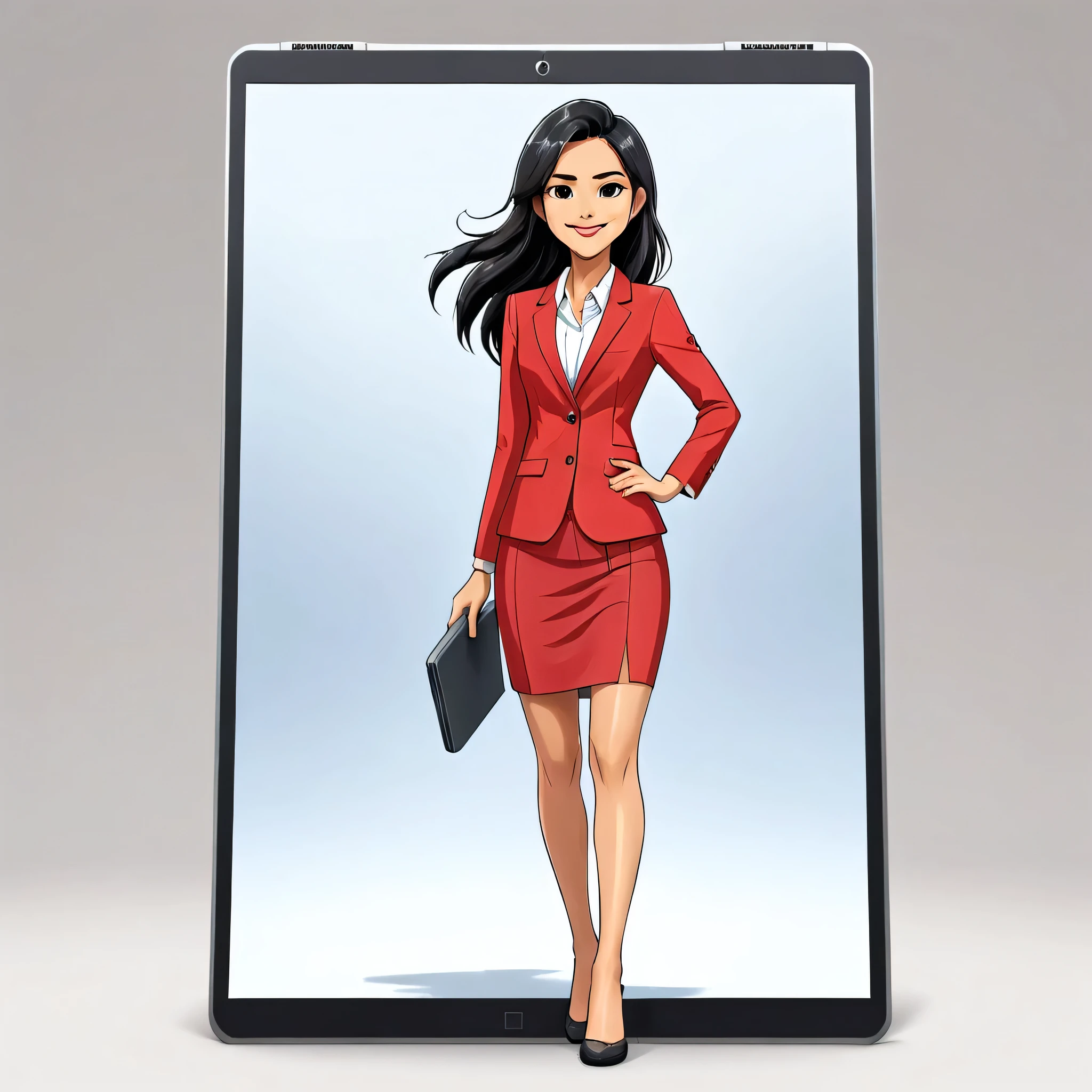 cartoon, vector illustration, no gradient, solid color fill, a beautiful indonesian girl, solo, (1girl:1.9), Long straight Black Hair, Olive Skin, detailed skin, no makeup, natural look, imperfect skin, (tall figure:1.2), (athletic fit-muscled body:1.2), defined abs, 8k, highly detailed, soft light, (white background:1.2), full smile, (red business suit with skirt:1.5), (playing a giant tablet screen:1.9), full body view