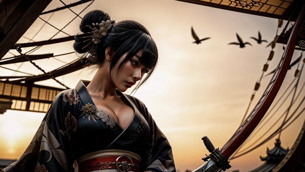 GEISHA- SEXY- LIFTED KIMONO- UPPER BODY- THICK THIGHS- TEMPLE- MEDIEVAL- SWORDS- WARRIOR- SEXY FACE- DETAILED HD- LOW FRAME - BEAUTIFUL- GATER BELT- DETAILED CORCELET- REAR- LOW ANGLE- SUNSET IN BACKGROUND- LACE DETAILED- BIRDS IN THE SKY- STRAIGHT BLACK HAIR WITH BANGS