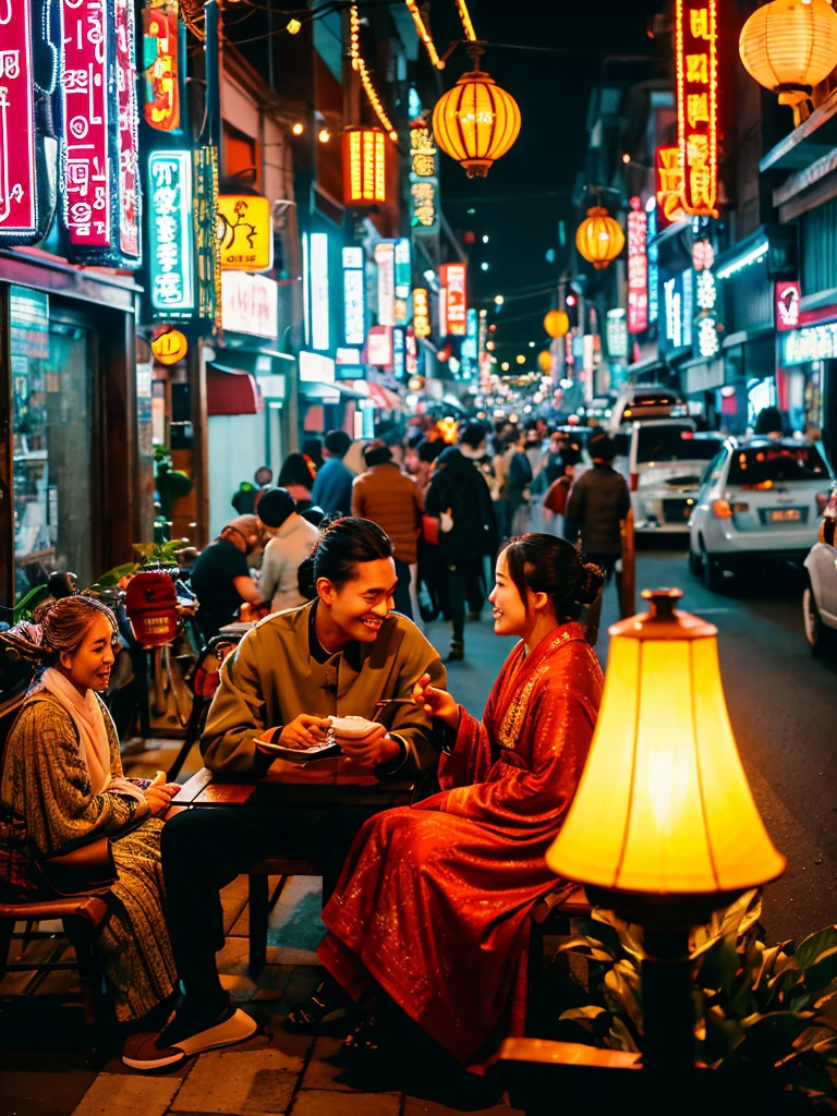 a korean man with man bun hair sits on a chair on malioboro street on a lively night scene on a busy street, the street sign'MALIOBORO',displays ornate street lamps illuminating the bench-filled pedestrian area. People sat, some engaged in conversation, while others checked their phones. Two women in headscarves sit together, surrounded by green plants. In the background, horse-drawn carriages and motorbikes crisscross the street, with traditional architecture visible under the night sky. Warm ambient lighting creates an inviting atmosphere. man is posing smiling at the camera