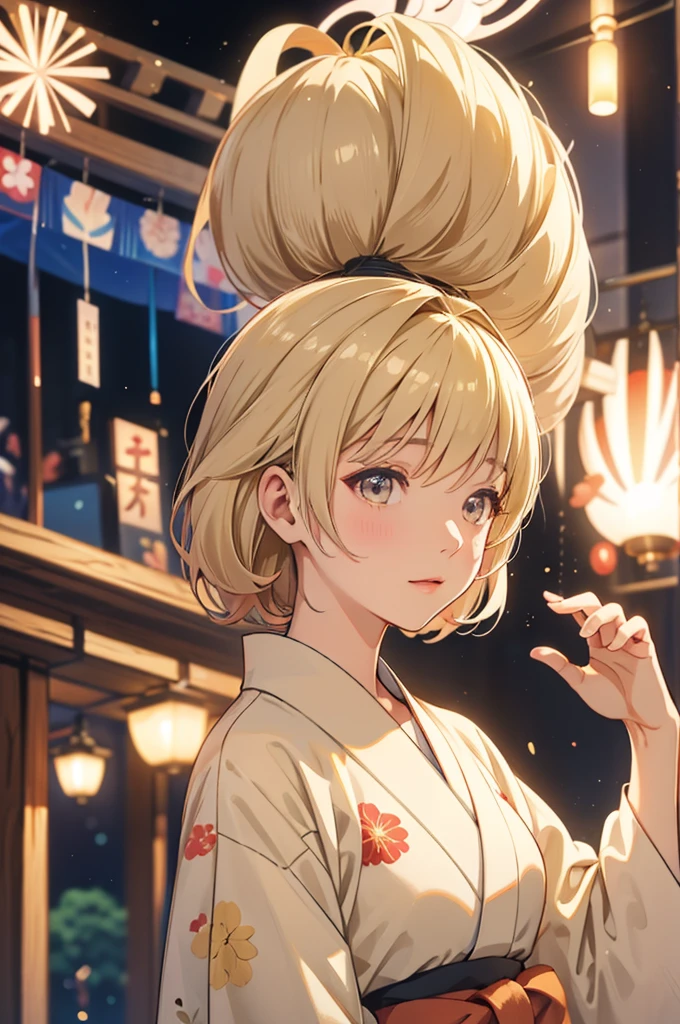 Takanashi hoshino kimono firework night beige colored hair, tailed haired