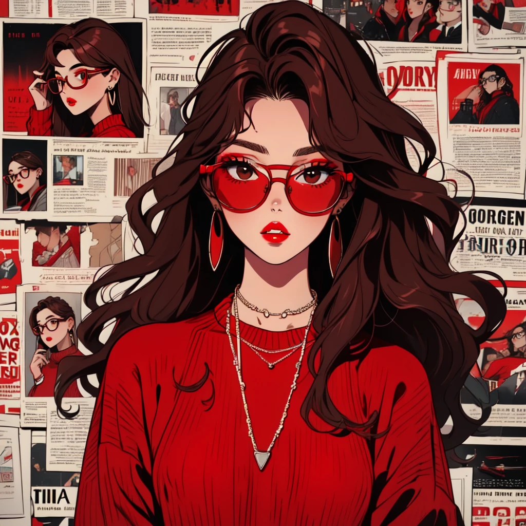 newspaper wall, glasses, parted lips, looking over eyewear, black jacket, jewelry, long hair, jacket, red shirt, solo, upper body, brown hair, 1girl, necklace, earrings, red sweater, looking at viewer, red-tinted eyewear, sweater, red jacket, red lips,