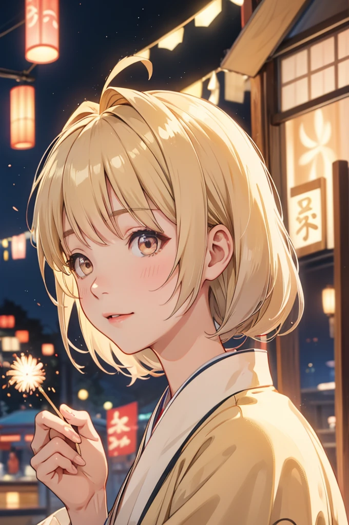 Takanashi hoshino kimono firework night beige colored hair, tailed haired