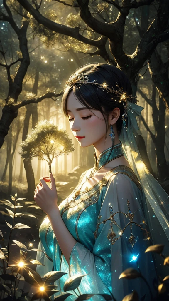 masterpiece, 1 fairy, perfect face, Light, glass tree forest, 戲劇性的燈Light, cover eyes, Super detailed, floating glow Lights, Depth of Field, (shining dust)