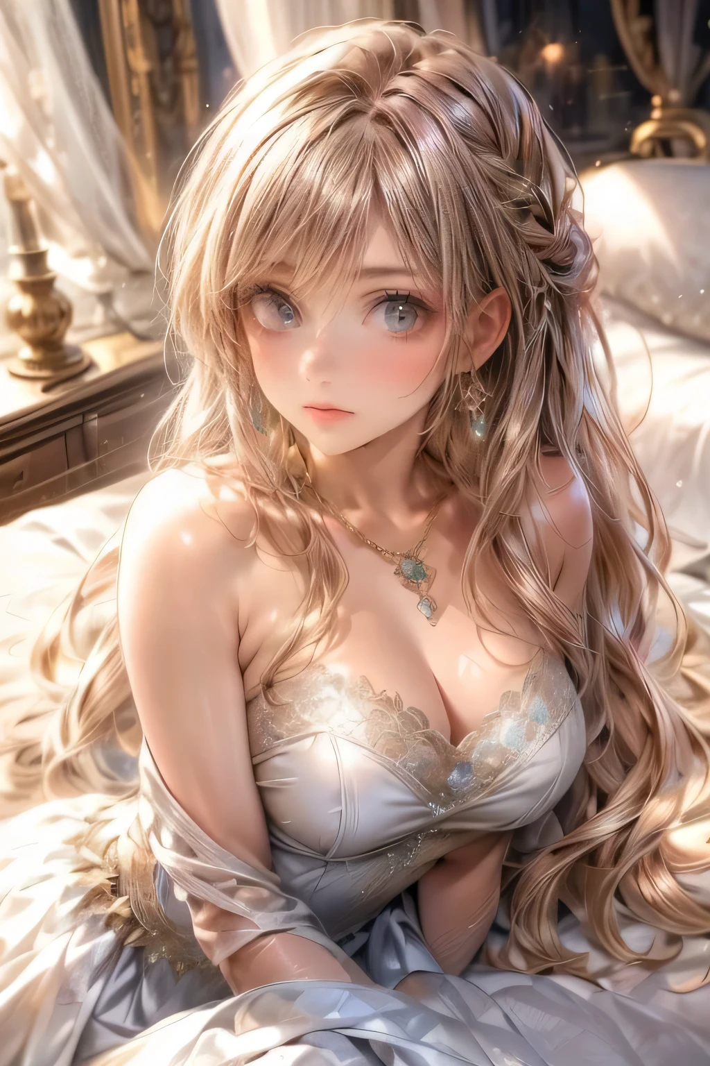 a very beautiful girl in the beautiful bed in beautiful gown with jewelry, 1girl, breasts, jewelry, solo, long hair, cleavage, blue eyes, dress, necklace, earrings, white dress, parted lips, blush, bare shoulders, brown hair, collarbone, bangs, strapless dress, on bed, strapless, indoors, blushed cheek, beautiful cute face and eyes, beautiful delicate longeyelash, so cute sensual face, face focus:1.4, middle-breasts, cleavage,