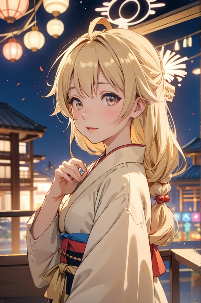 Takanashi hoshino kimono firework night beige colored hair, tailed haired