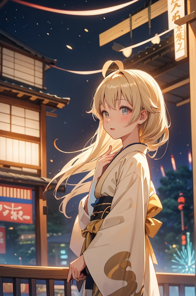 Takanashi hoshino kimono firework night beige colored hair, tailed haired