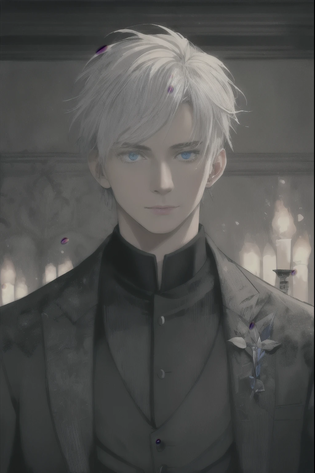 (Highest quality:1.3), cinematic shot, masterpiece, (sharp focus:1.5), (photorealistic:1.3), 1boy, medium portrait of (gojo saturo, standing, slightly deadly blue eyes ,super detailed, highlighted white hair, wearing black formal suit, a few torches burn on the walls, giving , but sculpting the forms in sharp chiaroscuro), it is night time, (highly detailed skin), (detailed face),(portrait),(calm body gesture), detailed background, dark lighting, twilight lighting, intricate details, UHD, 8k,colorful illustration,(front view).