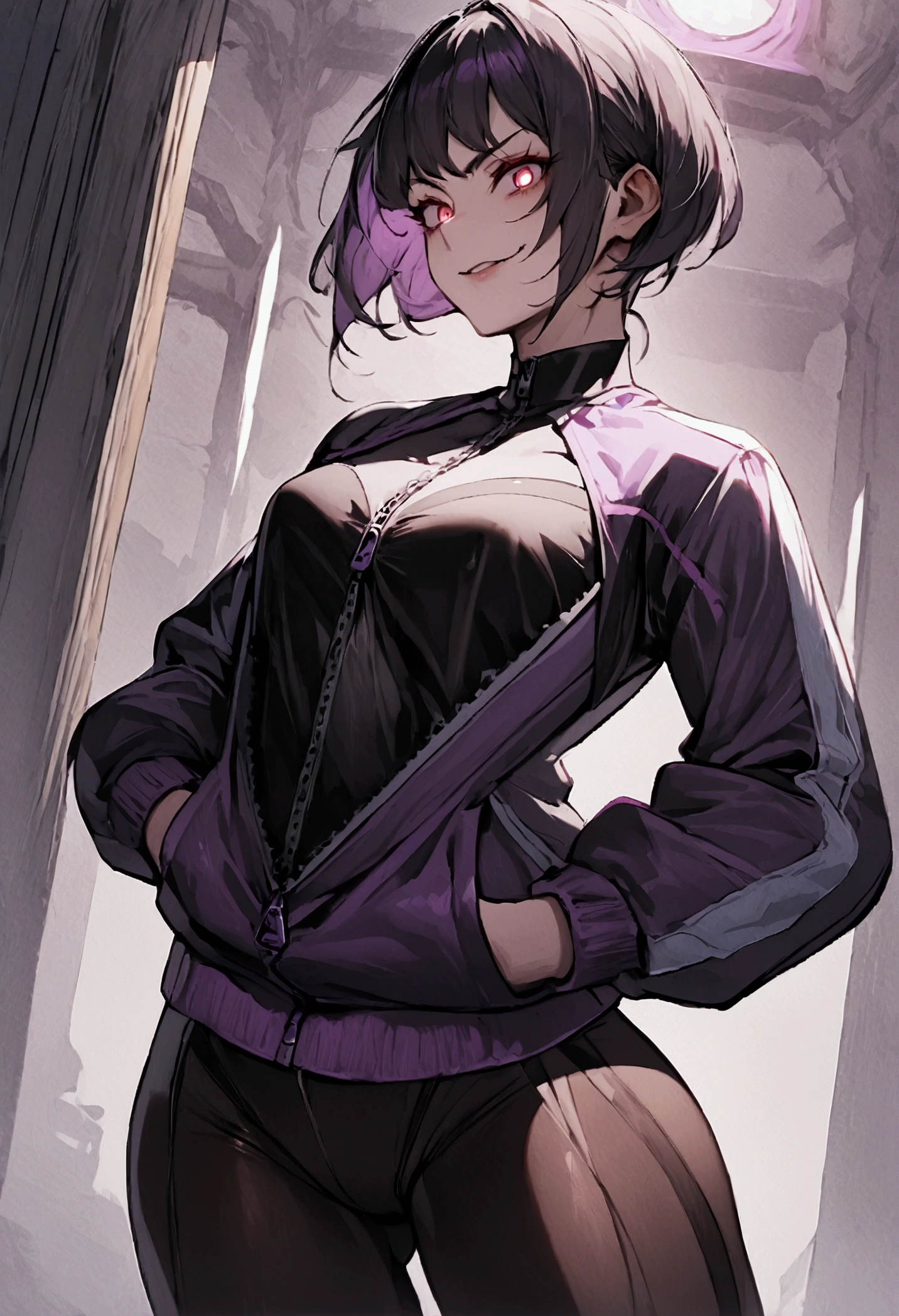 beautiful young fitness woman with , in a gym wearing May with black pantyhose, tight white and purple gym jacket. standing alone,red eyes glowing,Evil smile,legging preto ,labiaa,dark eye shadow,shining eyes,hands in pockets,neckleace,jacket zipper half open,Tight black shirt,short hair with purple details,beautiful curves,close up,hair with purple details,labiaa,detailed face and eyes,work of art
