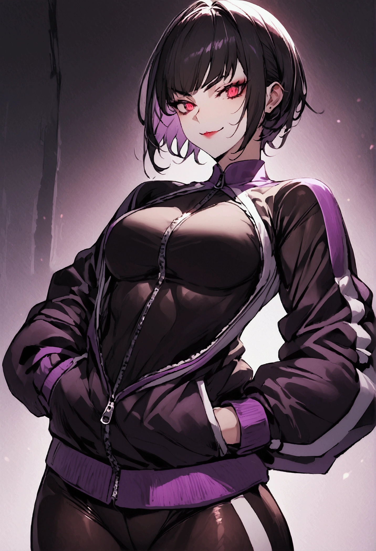 beautiful young fitness woman with , in a gym wearing May with black pantyhose, tight white and purple gym jacket. standing alone,red eyes glowing,Evil smile,legging preto ,labiaa,dark eye shadow,shining eyes,hands in pockets,neckleace,jacket zipper half open,Tight black shirt,short hair with purple details,beautiful curves,close up,hair with purple details,labiaa,detailed face and eyes,work of art
