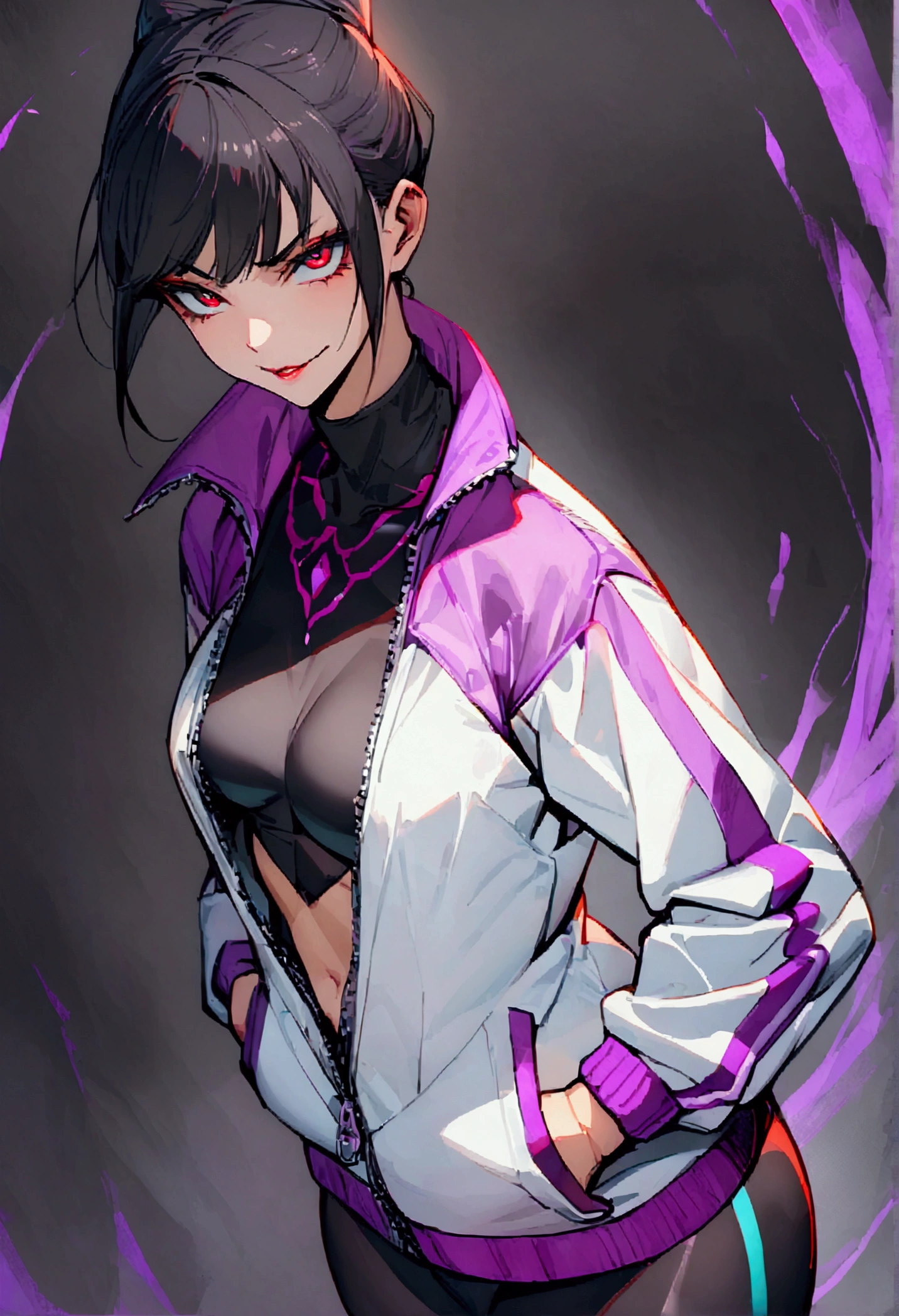 beautiful young fitness woman with , in a gym wearing May with black pantyhose, tight white and purple gym jacket. standing alone,red eyes glowing,Evil smile,legging preto ,labiaa,dark eye shadow,shining eyes,hands in pockets,neckleace,jacket zipper half open,Tight black shirt,short hair with purple details,beautiful curves,close up,hair with purple details,labiaa,detailed face and eyes,work of art