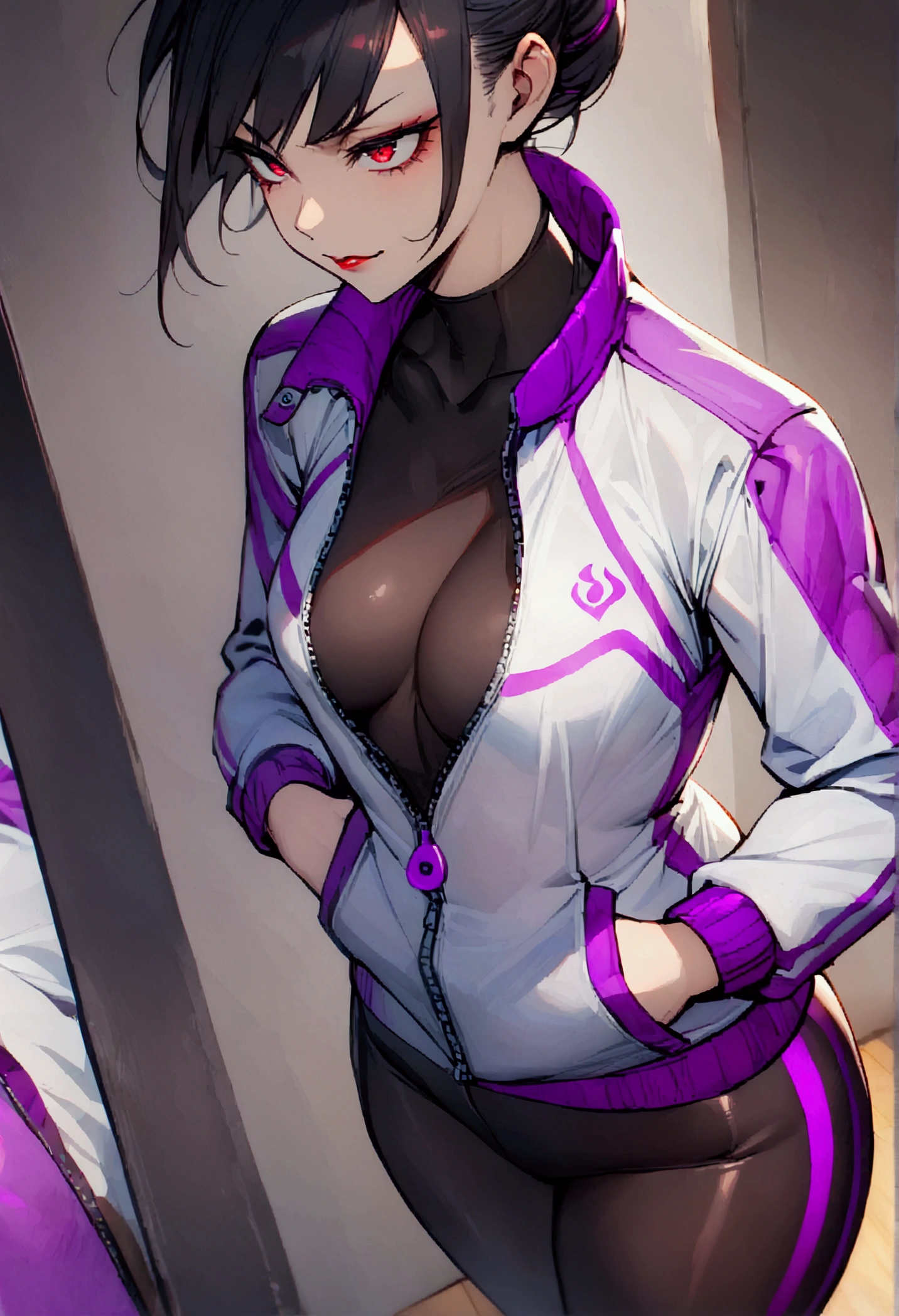 beautiful young fitness woman with , in a gym wearing May with black pantyhose, tight white and purple gym jacket. standing alone,red eyes glowing,Evil smile,legging preto ,labiaa,dark eye shadow,shining eyes,hands in pockets,neckleace,jacket zipper half open,Tight black shirt,short hair with purple details,beautiful curves,close up,hair with purple details,labiaa,detailed face and eyes,work of art