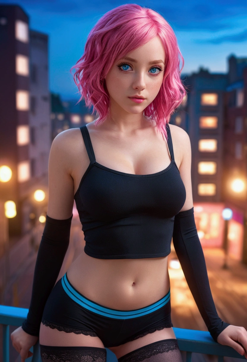 masterpiece, Highest quality, Very detailed, cute, cute, cute, sexy, device, Very detailed, 4K, 8k, Highest quality, beautiful, Upper Body, Dynamic Angle, city, town, a cute girl, alone, underwear, beautiful pink hair, beautiful blue eyes, beautiful eyes, tights, Glowing effect
