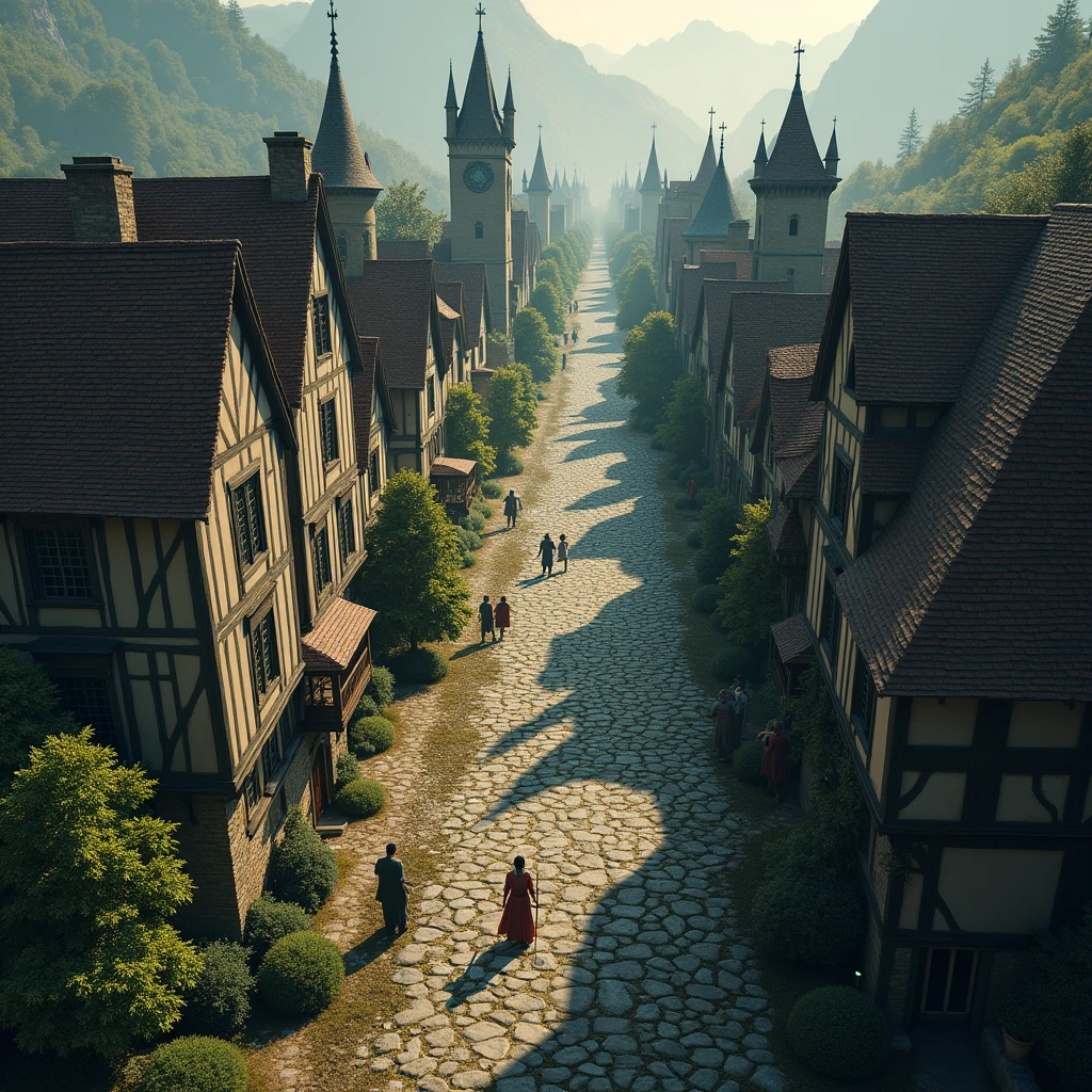 Medieval fantasy street with bird's eye view of magic