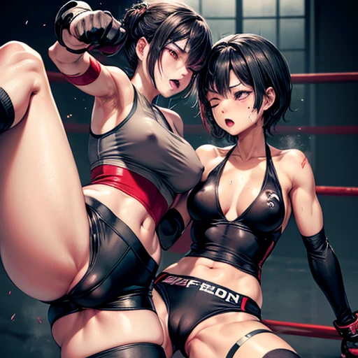 punch, punch, punch. survival dynamic exciting battle. whole body picture. two bloody beautiful Japanese female fighters are looking at each eyes. they are beating each other so hard. they are pressing their fists against each other's bodies in the octagon ring. Blood is dripping from their nose. they are covered in scars and bruises. they are damaged terribry. Short-cut black hair, out of breath, drooling from mouth, one eye closed, exhausted, drenched in sweat. Erect nipples. open finger glove. sports-bra, gym shorts. Stockings. arm-covers. Excellent proportion body.