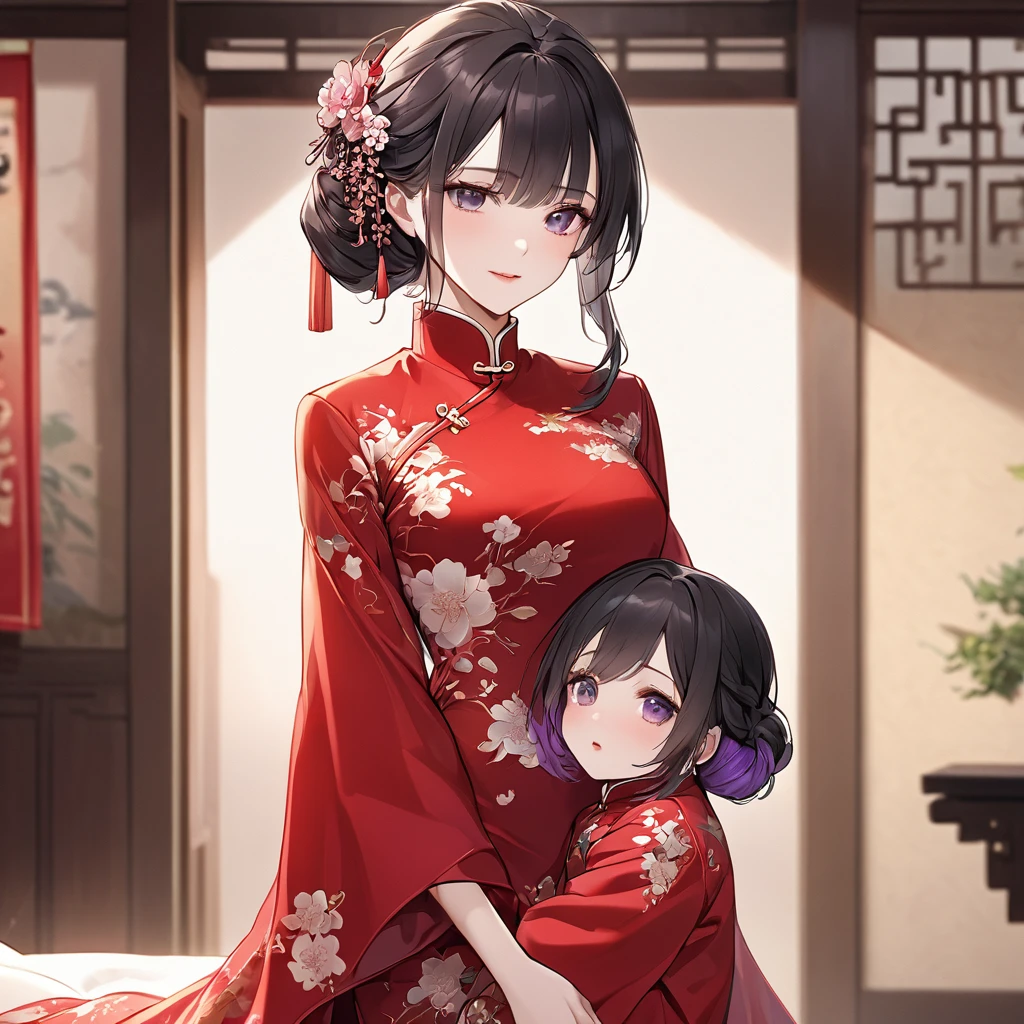 ((Highest quality)), ((masterpiece)), (detailed), (Perfect Face)、The woman is a Chinese woman named Kocho Shinobu.。, Purple gradient bob black hair and formal evening hairstyles. 彼Women are婚約指輪をはめている. 彼Women are権威ある中国共産党員であり、She is the honored wife of a great old Communist Party cadre.、The woman is beautifully dressed in a gorgeous and glamorous vintage red cheongsam, typical of the Chinese Communist Party.、An elegant Chinese lady in a posh room、Women are夫を愛して尽くす良妻賢母の素晴らしい中国人貴婦人で夫と中国に尽くす事が至上の喜びの中国共産党絶対主義、Women are8児の母で愛する共産党員の夫との間に生まれた多くの子供たちに寄り添われて囲まれている幸せな大家族の一家団欒でWomen are9She is carrying a child inside her