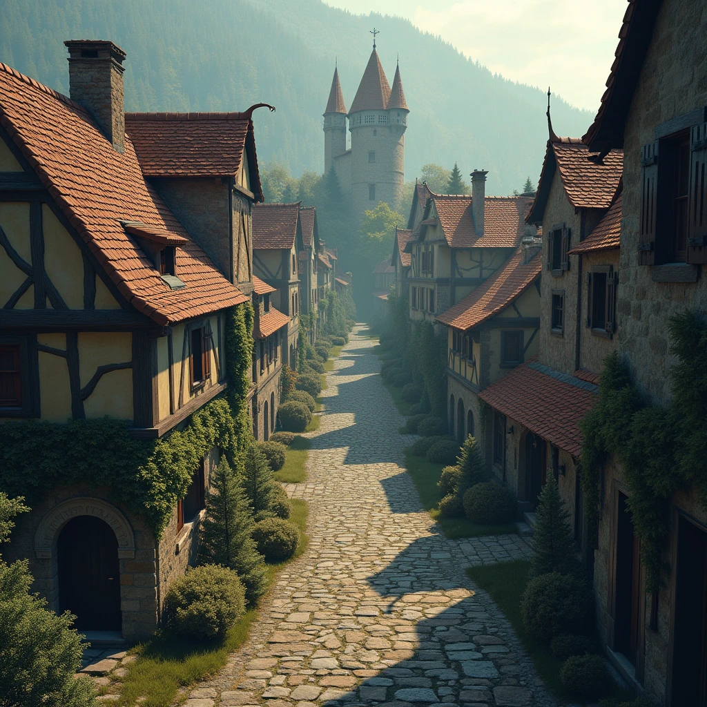 Medieval fantasy street with bird&#39;s eye view of magic