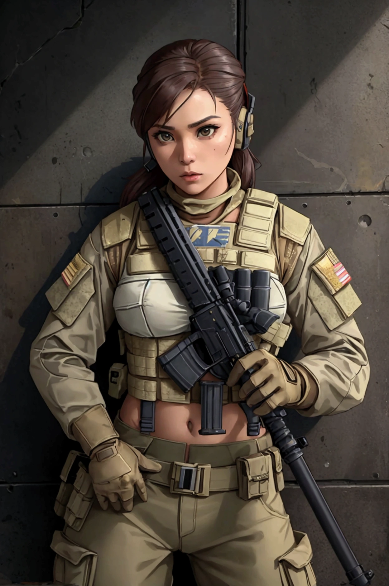 a woman in a white outfit holding a rifle and wearing headphones, 24-year-old woman, Filipino woman, tan bronze skin, soldier girl, mechanized soldier girl, military girl, beautiful female soldier, female lead character, infantry girl, of a sniper girl in war, solo female character, future combat gear, close up half body shot, Women in crop top military bulletproof vest, showing navel, beautiful navel, completely exposed abdomen, quiet from metal gear solid v, wearing tactical gear, dressed in tactical armor, (aiming rifle)