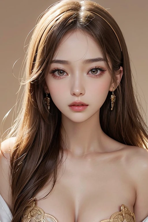 High resolution portrait of a woman in her mid twenties featured in a fashion magazine。With a symmetrical face、Have clear, smooth skin and a radiant complexion。((The facial features are well defined、Sharp Eye、Straight nose、Thin lips are characteristic))。((Eyes are large、Long and thick eyelashes、Almond-shaped eyes:1.4、Have perfectly trimmed thin eyebrows))。overall「intellectual」Impressive facial features。(The makeup is simple yet sophisticated.、Light foundation、Beige blush、Subtle contouring、Brown eyeshadow、Champagne gold highlights、Wearing nude lipstick)。((The hair is straight、It is divided into a center part))。Wearing simple earrings。The background is simple and elegant.、The focus is on her face.。The lighting is soft and inviting、Enhance her features、intellectualな印象を与えている。
