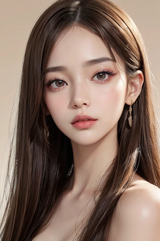 High resolution portrait of a woman in her mid twenties featured in a fashion magazine。With a symmetrical face、Have clear, smooth skin and a radiant complexion。((The facial features are well defined、Sharp Eye、Straight nose、Thin lips are characteristic))。((Eyes are large、Long and thick eyelashes、Almond-shaped eyes:1.4、Have perfectly trimmed thin eyebrows))。overall「intellectual」Impressive facial features。(The makeup is simple yet sophisticated.、Light foundation、Beige blush、Subtle contouring、Brown eyeshadow、Champagne gold highlights、Wearing nude lipstick)。((The hair is straight、It is divided into a center part))。Wearing simple earrings。The background is simple and elegant.、The focus is on her face.。The lighting is soft and inviting、Enhance her features、intellectualな印象を与えている。