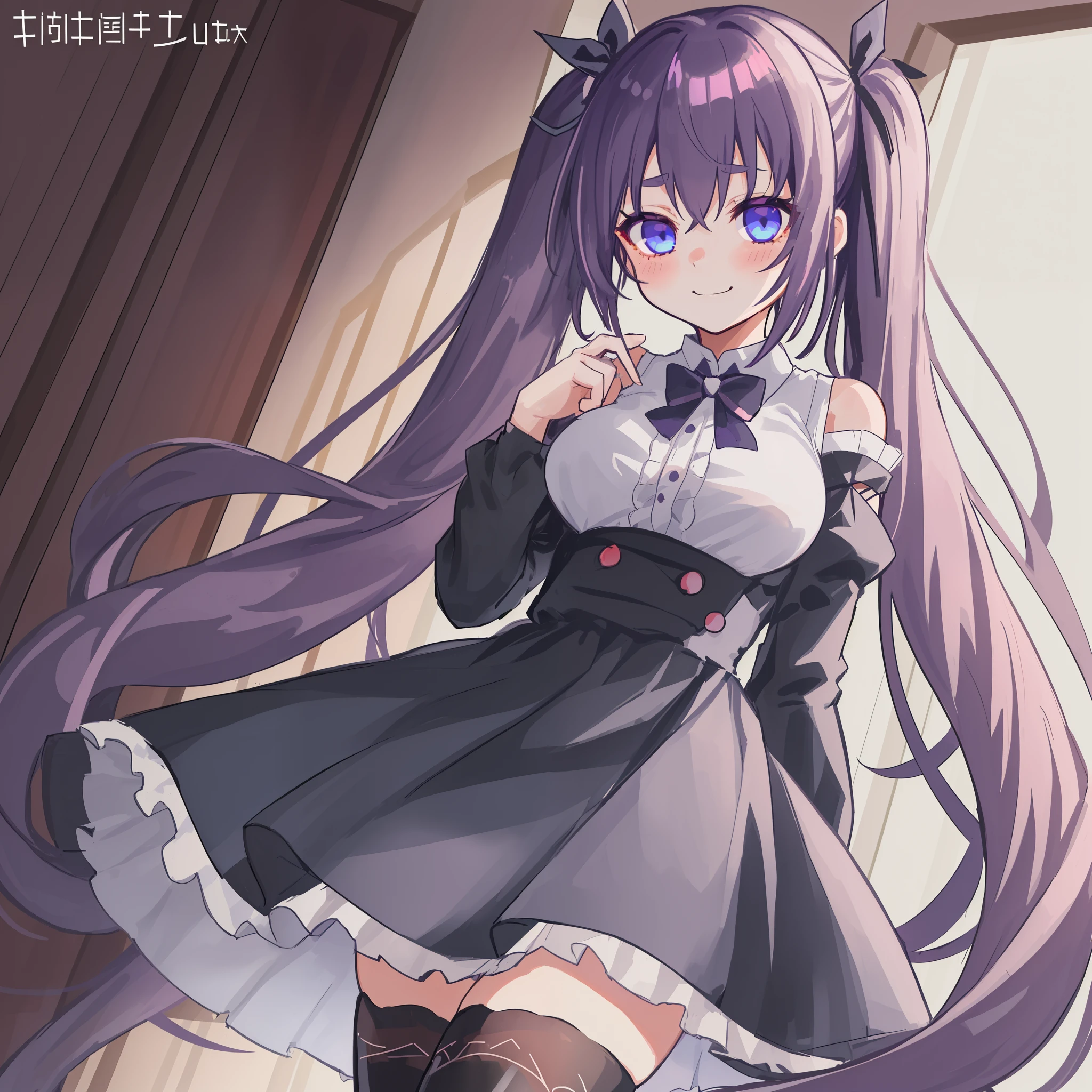 1girl, rating:safe, twintails, thighhighs, solo, long_hair, very_long_hair, purple_hair, breasts, high-waist_skirt, long_sleeves, eyebrows_visible_through_hair, looking_at_viewer, blue_eyes, smile, blush, medium_breasts, detached_sleeves, zettai_ryouiki, skirt, black_legwear, closed_mouth, shirt, bangs, white_shirt, hair_ribbon, cowboy_shot, bow, frills, standing, indoors, ribbon, shiny_hair, hair_between_eyes, artist_name, frilled_skirt, dress, bare_shoulders, shiny, underbust, hand_up, sidelocks, dutch_angle