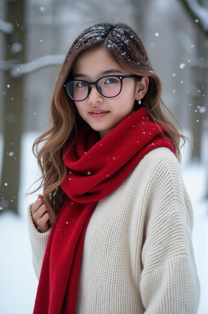 （Highest quality，4K，High resolution，masterpiece：1.4），Detailed aspect：1.3，White sweater，Red scarf，Wear glasses，Perfect body，Big Breasts，fashion，winter，it&#39;s snowing，