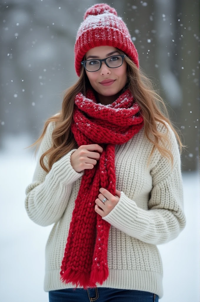 （Highest quality，4K，High resolution，masterpiece：1.4），Detailed aspect：1.3，White sweater，Red scarf，Wear glasses，Perfect body，Big Breasts，fashion，winter，it&#39;s snowing，