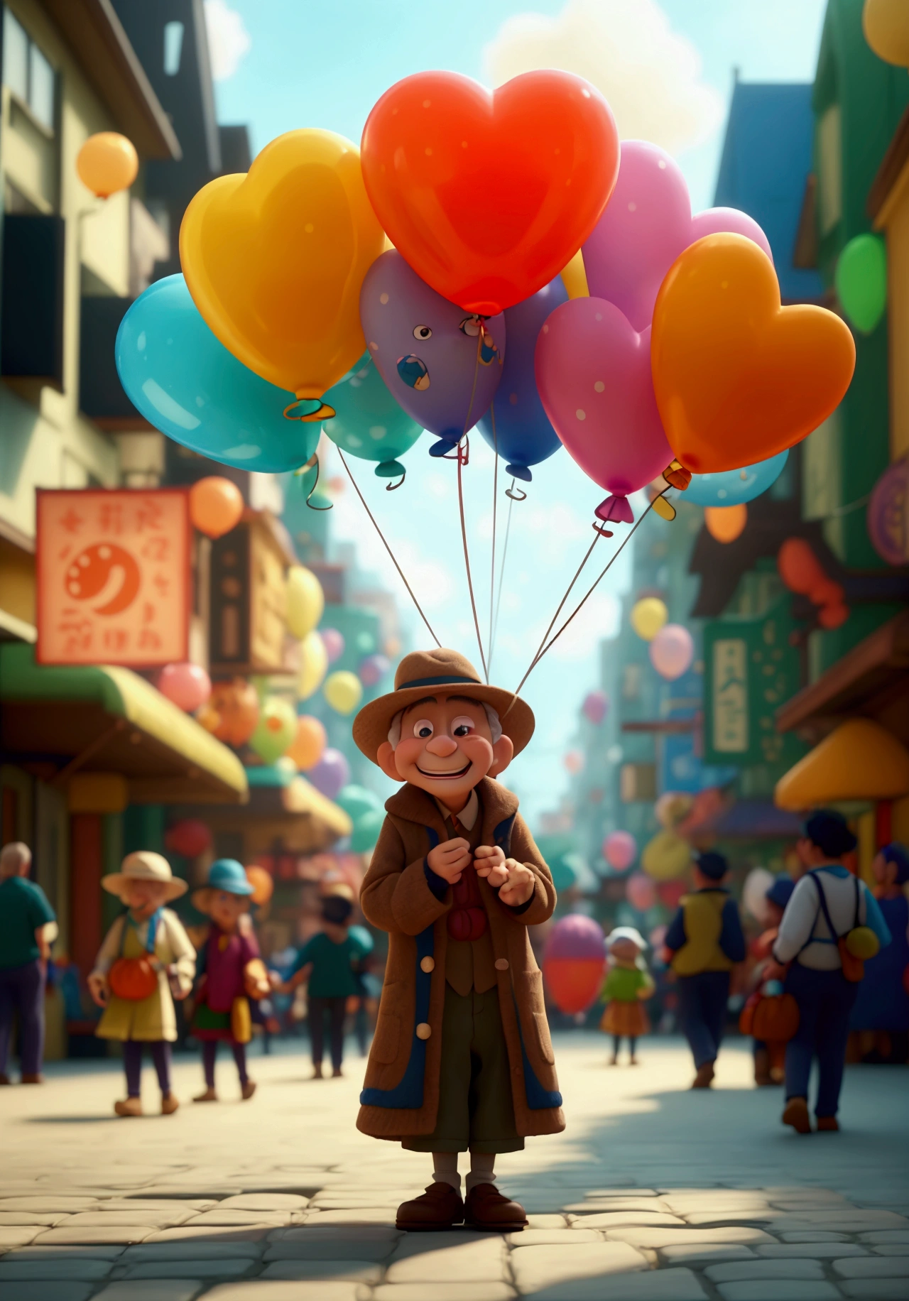 Overjoyed Balloon Vendor: "A beaming, elderly balloon vendor with an impossibly wide smile, holding dozens of colorful, oversized balloons that lift him slightly off the ground. His hat is askew, and his coat flutters in the wind as he hovers above a bustling city square filled with children and families. The balloons are shaped like whimsical animals, with exaggerated expressions themselves. [Whimsical cartoon style, inspired by Pixar and Studio Ghibli, with vibrant colors and playful shapes], [Bright, cheerful lighting, exaggerated facial features, soft and round textures, and a lively, festive atmosphere]"