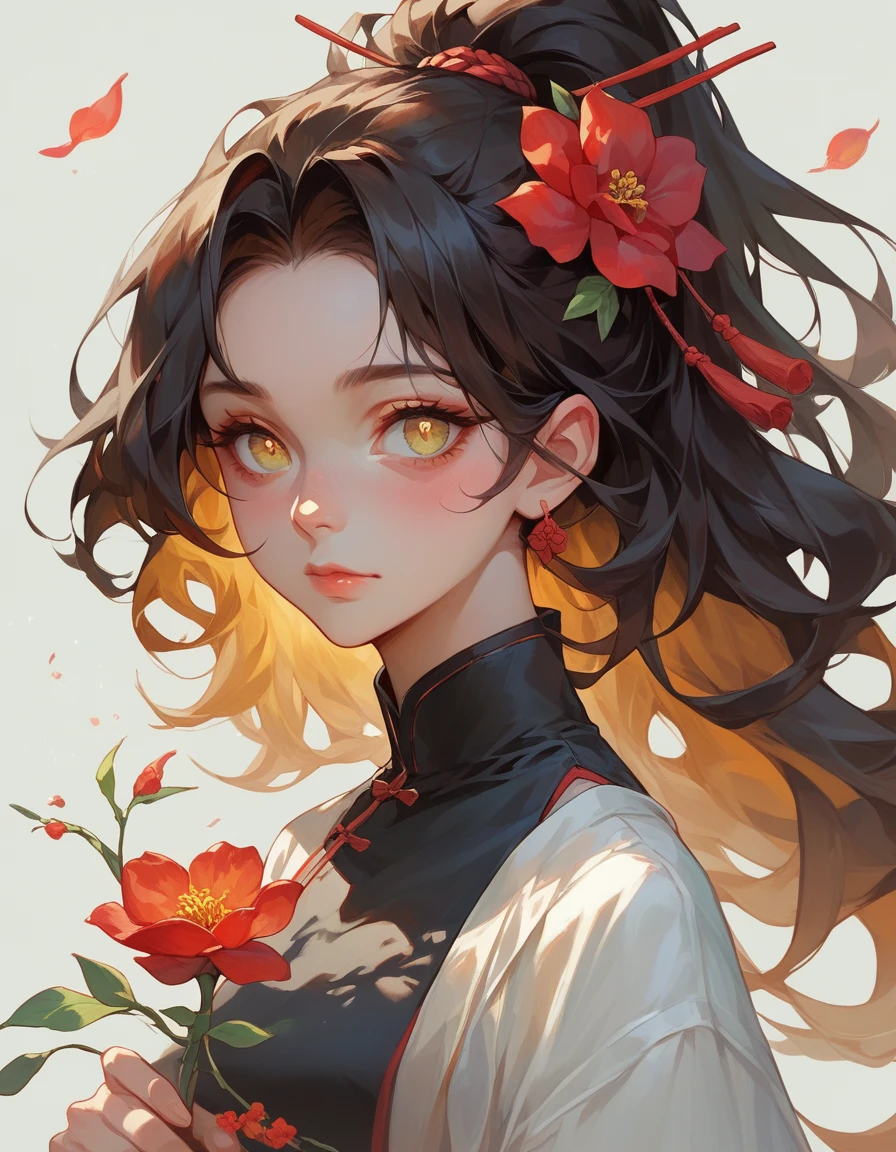 beni, solo, 1girl, yellow_pupils, +_+, black_hair, high_ponytail, red_flower_hair_ornament