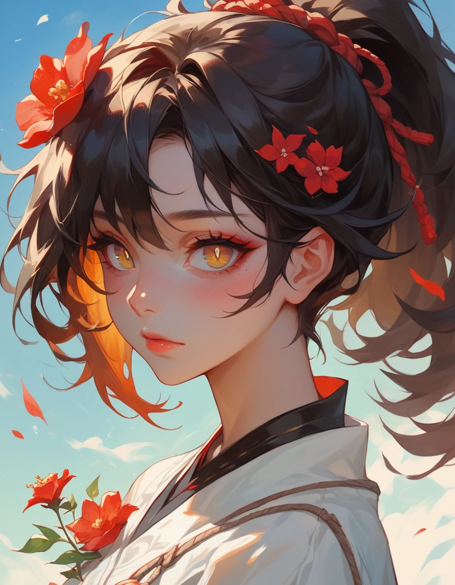 beni, solo, 1girl, yellow_pupils, +_+, black_hair, high_ponytail, red_flower_hair_ornament