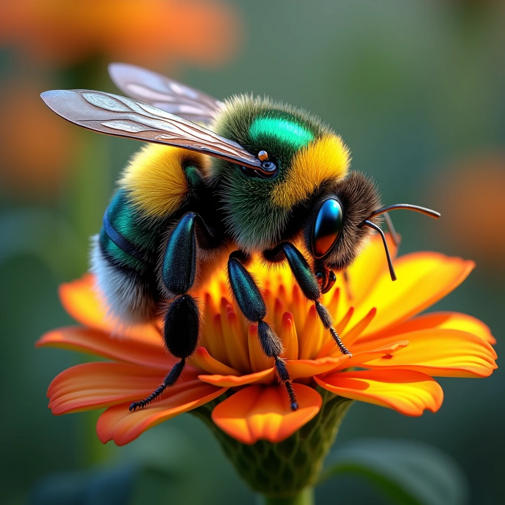 A magnificent common Eastern Bumble bee with intricate details, posing elegantly on a beautiful flower. Its body shines with a stunning array of green, yellow and blue hues, each facet capturing and reflecting sunlight in a mesmerizing dance of colors.,art in glass, more details XL,BugCraft,DonMSp3ctr4lXL, photo, illustration, typography, painting, 3d render