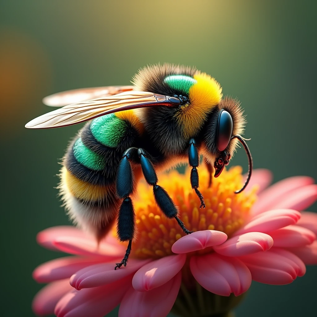 A magnificent common Eastern Bumble bee with intricate details, posing elegantly on a beautiful flower. Its body shines with a stunning array of green, yellow and blue hues, each facet capturing and reflecting sunlight in a mesmerizing dance of colors.,art in glass, more details XL,BugCraft,DonMSp3ctr4lXL, photo, illustration, typography, painting, 3d render