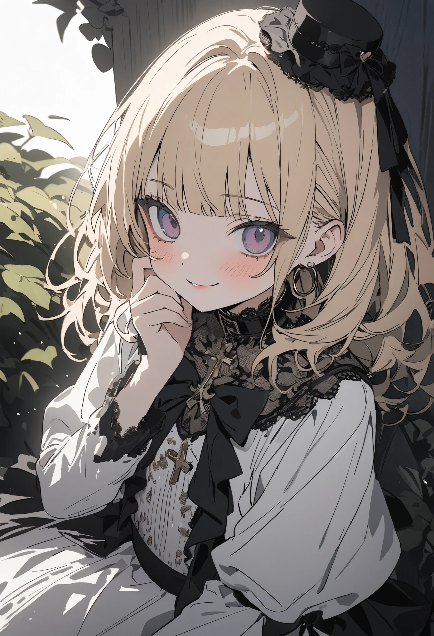 ((Masterpiece)), ((best quality)), (super detail:1.2), (High Definition:1.3), ((extremely detailed)), (flat color), (flat shading), (8K), (Professional Photography:1.2), (very aesthetic:1.2), (absurdres:1.2), (sharp focus), (perfect light), ((kawaii)), (drop shadow), (wide shot), ((12 years old)), ((1 princess)), Textured skin, ((Beautiful Gothic Lolita white Dresses)), (very hoop-dress), ((Luxury cross motif embroidery)), (intricate lace details), Victorian-style collar, cute innocent young girl, BREAK, (medium hair), ((loose blunt bangs)), ((mini silk hat)), Slender body, small chest, (silky blond hair), (cute makeup), cute cheeks, glossy lips, pouty lips, bags under the eyes, (lower eyelashes), beautiful hair, ((naughty smile)), blush, Light particles, ((place hands on cheeks)), mysterious and elegant, in the Beautiful Dreamy garden, (detailed background:1.2), newest, gothic lolita,gothic,