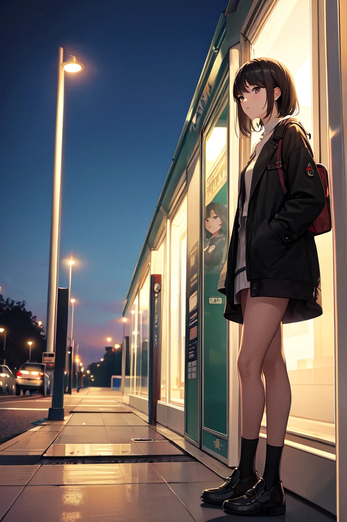masterpiece:1.6, best quality, bus stop, night, no humans