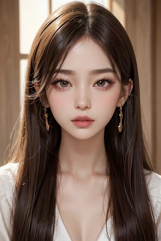 High resolution portrait of a woman in her mid twenties featured in a fashion magazine。With a symmetrical face、Have clear, smooth skin and a radiant complexion。((The facial features are well defined、Sharp Eye、Straight nose、Thin lips are characteristic))。((Eyes are large、Long and thick eyelashes、Almond-shaped eyes:1.4、Have perfectly trimmed thin eyebrows))。overall「intellectual」Impressive facial features。(The makeup is simple yet sophisticated.、Light foundation、Beige blush、Subtle contouring、Brown eyeshadow、Champagne gold highlights、Wearing nude lipstick)。((The hair is straight、It is divided into a center part))。Wearing simple earrings。The background is simple and elegant.、The focus is on her face.。The lighting is soft and inviting、Enhance her features、intellectualな印象を与えている。