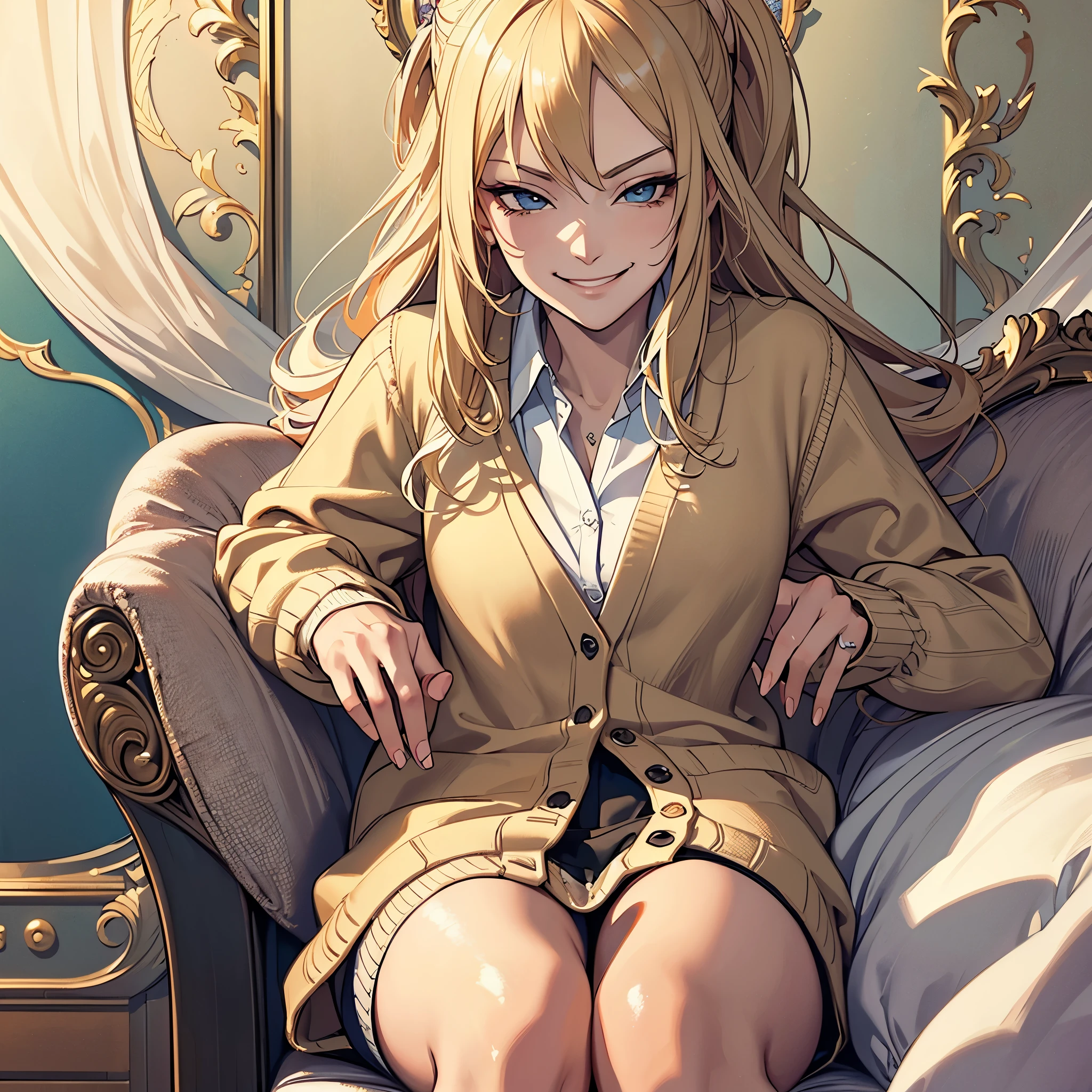 ((best quality)), ((masterpiece)), (detailed),High quality, Ultra detailed, best quality, insanely detailed, beautiful, masterpiece, straight long hair,blonde,lady,(cardigan, loose sox）,(wink,smug ,smirk,face)