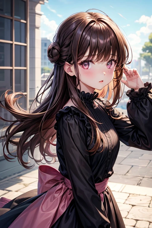 One girl,Brown Hair,Pink Eyes,Fluffy bangs,Low hair updo,Black long dress