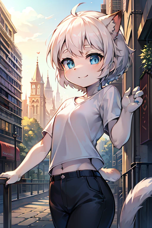 anime style, masterpiece,best quality,super fine illustration, super detailed, dynamic angle, beautiful detailed, 8k, On a summer day,cat years,girl,cute,blue eyes,short hair,white hair,white T-shirt,black pants,smile,Break she is singing a song.Break in city,detailed background,beautiful background