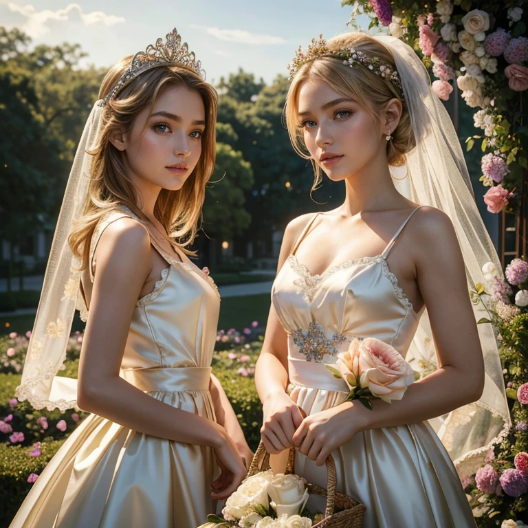 "Um casamento de conto de fadas com a Barby: um vestido de noiva deslumbrante (vestido de casamento:1.2), cabelo loiro longo (loira de cabelos longos), flawless makeup, local dos sonhos (Paradisiacal beach), stunning sunset (amazing sunset), romantic decoration (romantic decoration:1.1), bouquet of fresh flowers, felicidade pura (felicidade:1.2), todos os amigos e familiares reunidos (gathering of friends and family), amor verdadeiro. " --auto