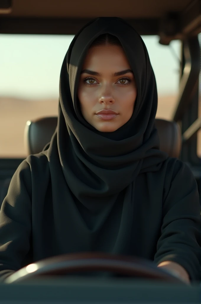 beautiful woman, 26 years old, 170cm tall, 80kg, medium build, Arabian, honey brown hair, dark brown eyes, wearing a black abaya and hijab, full covered hair, driving a jeep car, realistic, photorealistic, hyper detailed, high quality, 8k, masterpiece, intricate details, dramatic lighting, cinematic composition, natural skin tones, volumetric lighting, depth of field, ultra-detailed, physically-based rendering, professional photography
