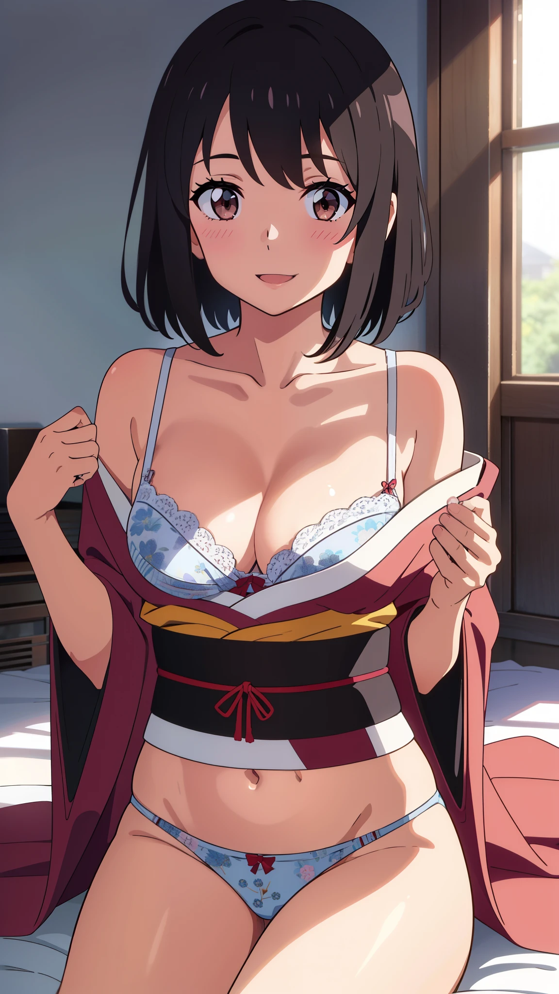 shinkai makoto, kimi no na wa., 1girl, bangs, black hair, blush, bright eyes, brown eyes, looking at the viewer, red bow, red headband, red ribbon, short hair, large breasts, solo, indoors, shiny skin, smile, happy, beautiful, parfect anatomy, perfect hands, Christmas tree, Santa Claus costume, Sweet face, Red Christmas Dresses, candy cane stockings, Against the background of winter scenery, perfect hands, snow, steam, night,hand on a breast opened breast,nude breastnude nude tits  nipple pussy pink pussy nude nipple nipple pink pussy naked ,nude no hands on a  nude nipple big