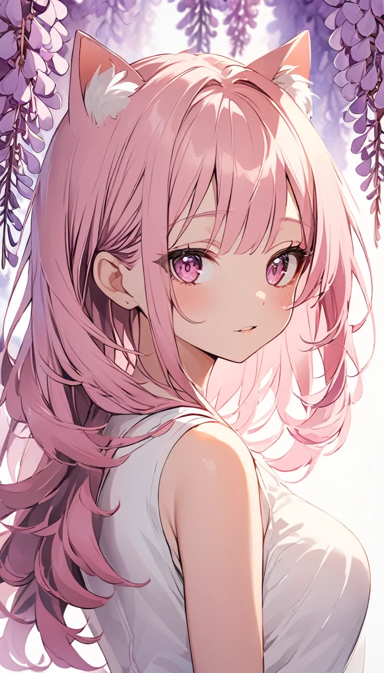 One girl, alone, Cute girl with pink hair, Pink Eyes, Wisteria flower background, Soft natural light, Cat ear, Sleeveless white shirt