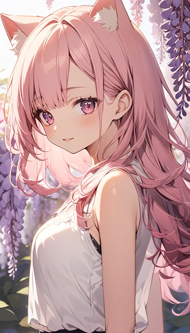 One girl, alone, Cute girl with pink hair, Pink Eyes, Wisteria flower background, Soft natural light, Cat ear, Sleeveless white shirt