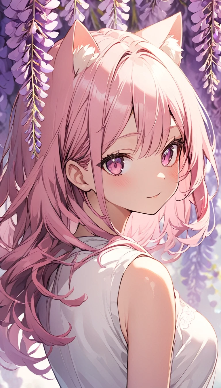One girl, alone, Cute girl with pink hair, Pink Eyes, Wisteria flower background, Soft natural light, Cat ear, Sleeveless white shirt