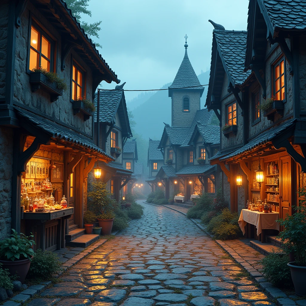 Medieval fantasy street with magic and magical potion shops