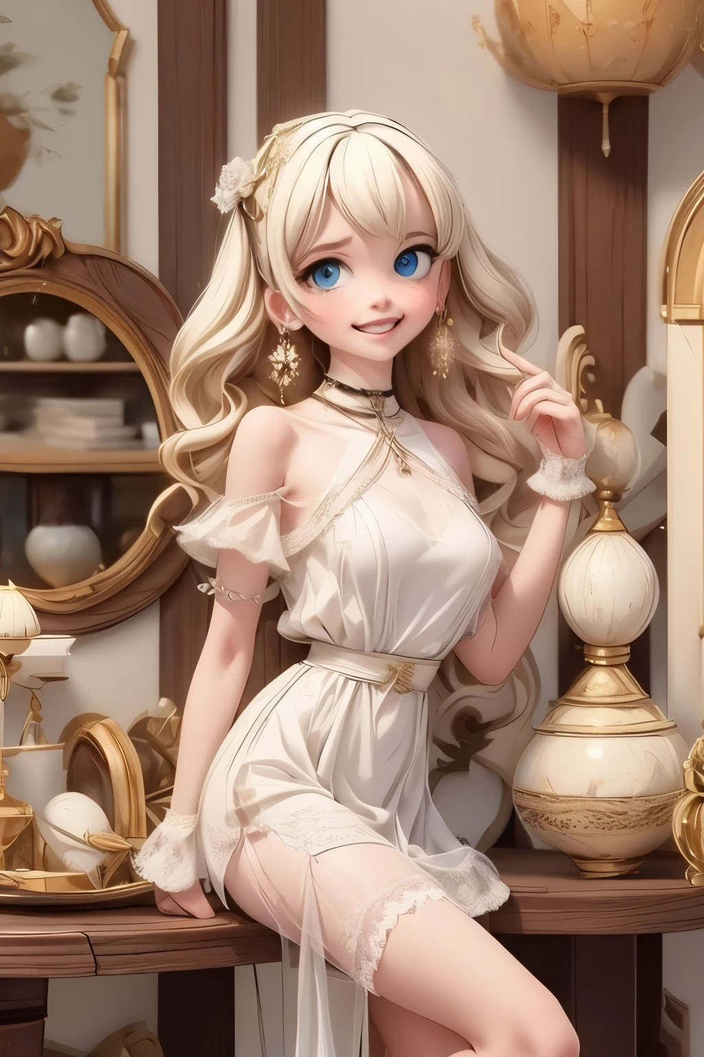 village realisticlying、Virginia Otis -yeld giCity of victorian age, Europe. aristocrat girl、Looking up from below、Depiction of blonde hair blue eyes wear long sleeve sheer fabric dress、Various sexy poses、Face smile、Depicts the whole body、