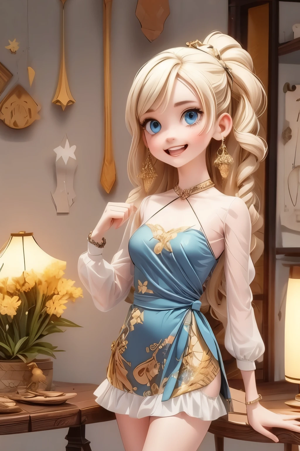 village realisticlying、Virginia Otis ****************、City of victorian age, Europe. aristocrat girl、Looking up from below、Depiction of blonde hair blue eyes wear long sleeve sheer fabric dress、Various sexy poses、Face smile、Depicts the whole body、